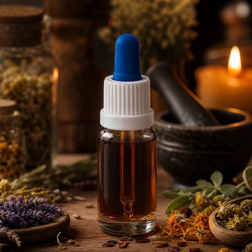 10ml Glasflasche mit Dropper weiss blau UT18/10 in natürlichem Kräuter Wellness Setting