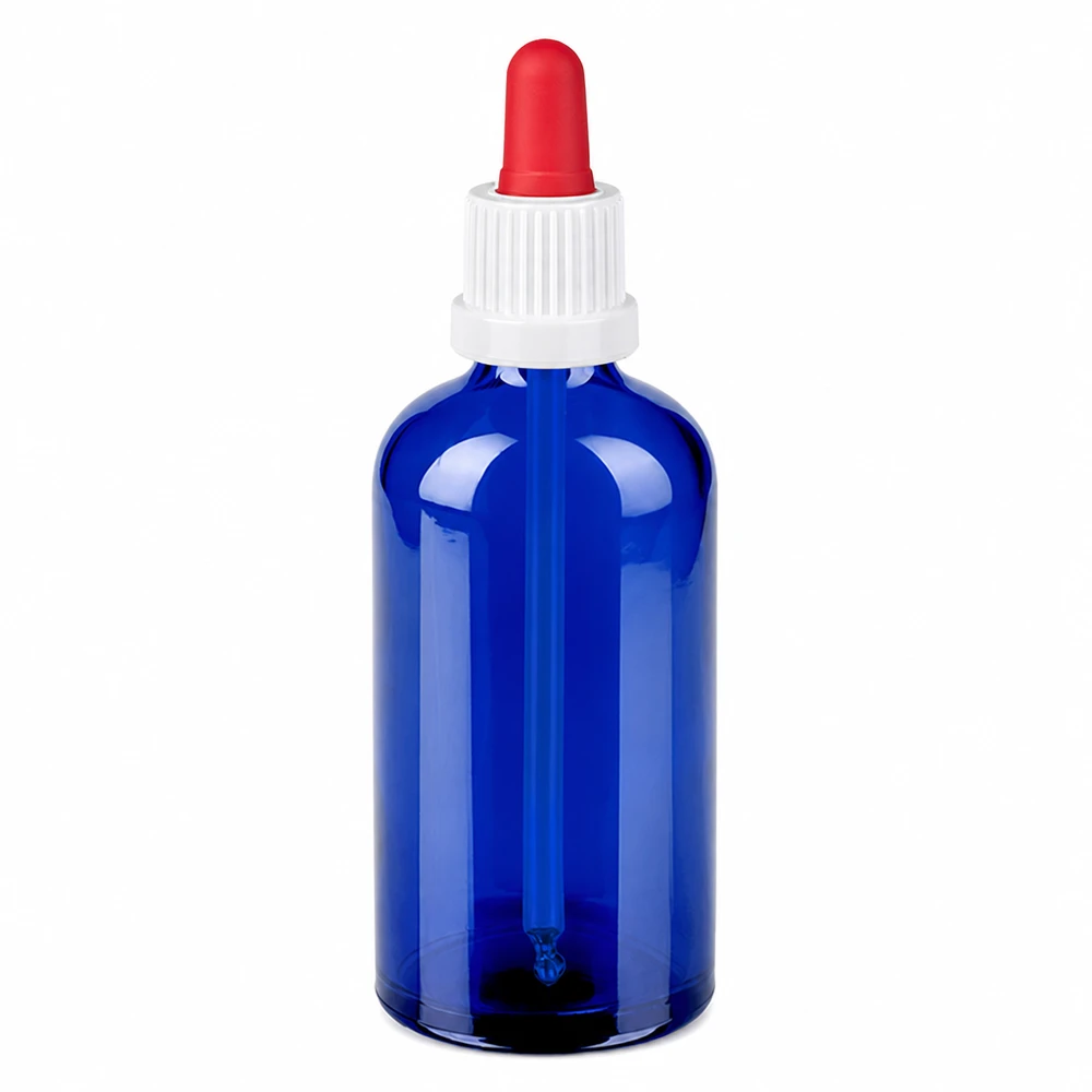 100ml pipetovací láhev černá bílá/červený uzávěr s ochranou proti manipulaci BlueLine UT18/100 100ml blaue Glasflasche mit Tropfpipette - optimaler Schutz und kontrollierte Abgabe