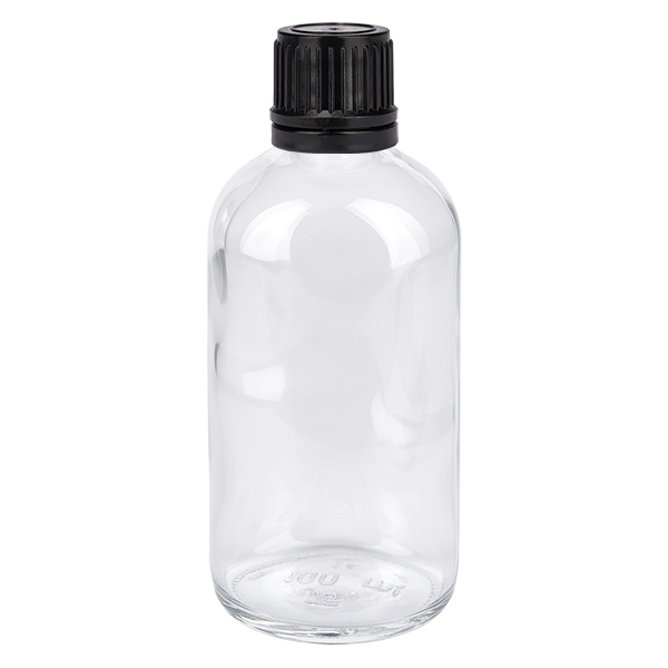 100ml globulová láhev 3mm nalévací kroužek černý standardní uzávěr ClearLine UT18/1 Hochwertige transparente Glasflasche 100ml mit engem Hals und sicherem Schraubverschluss