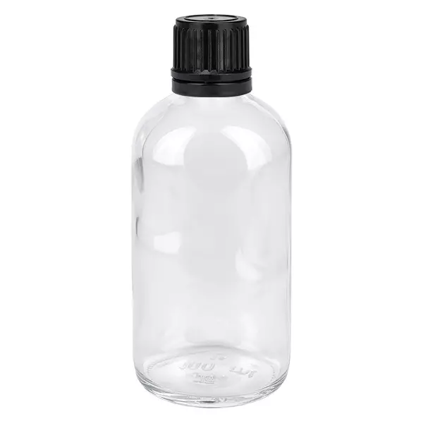 100ml globulová láhev 3mm nalévací kroužek černý standardní uzávěr ClearLine UT18/1 Hochwertige transparente Glasflasche 100ml mit engem Hals und sicherem Schraubverschluss