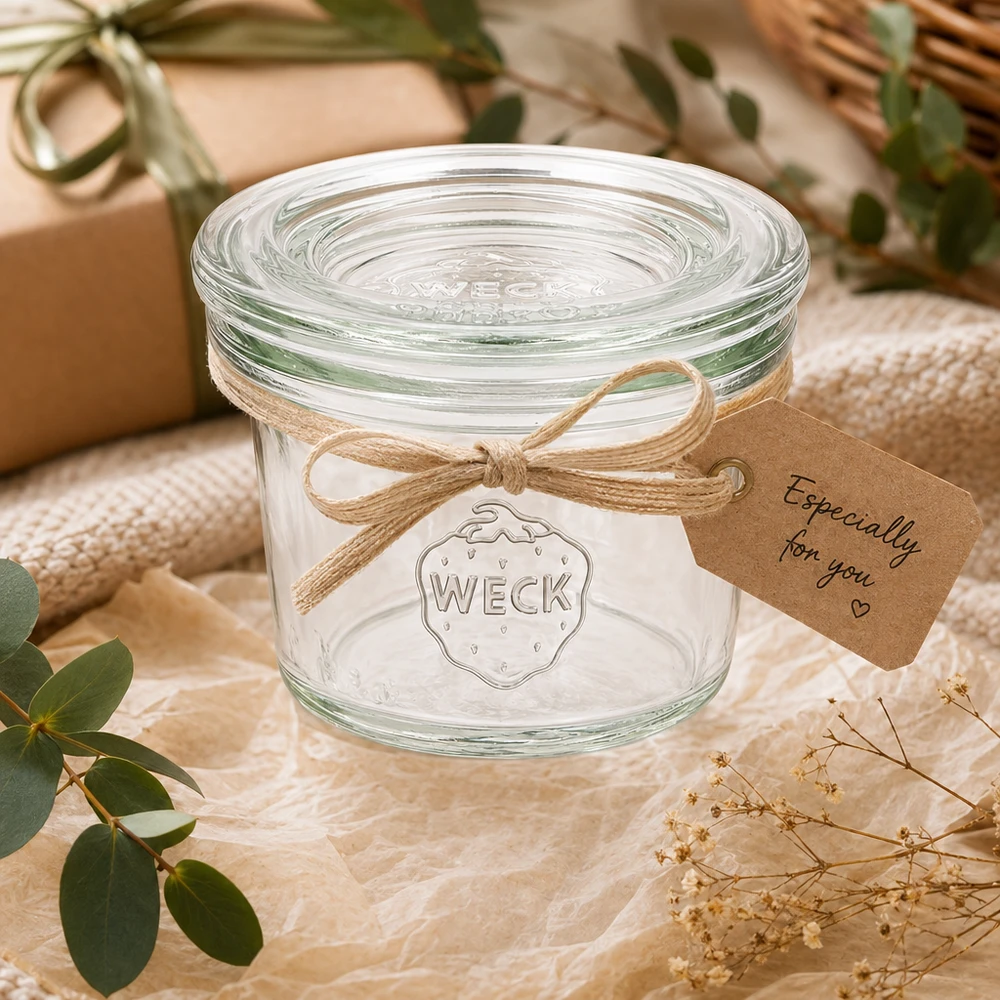 35ml kelímky se skleněným víčkem WECK RR40 35ml WECK Sturzglas RR40 als Geschenk dekoriert mit Schleife und Anhänger in natürlichem Ambiente mit Pflanzen