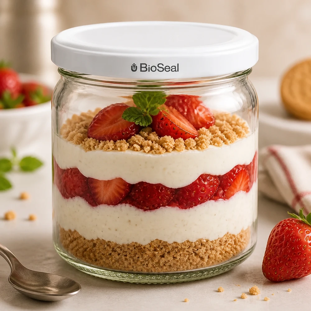 Kulatá sklenice o objemu 408 ml s bílým víčkem BioSeal UNiTWIST UNiTWIST Runda408 als Dessertglas mit Erdbeeren und Sahne - kreative Schichtdesserts im BioSeal Vorratsglas