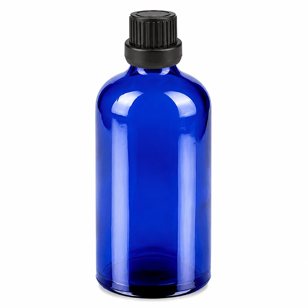 100ml lahvička s kapátkem 2mm černá s uzávěrem odolným proti manipulaci BlueLine UT18/100 Apothekerflasche 100ml kobaltblau mit schwarzem Verschluss 2mm Tropföffnung BlueLine Serie