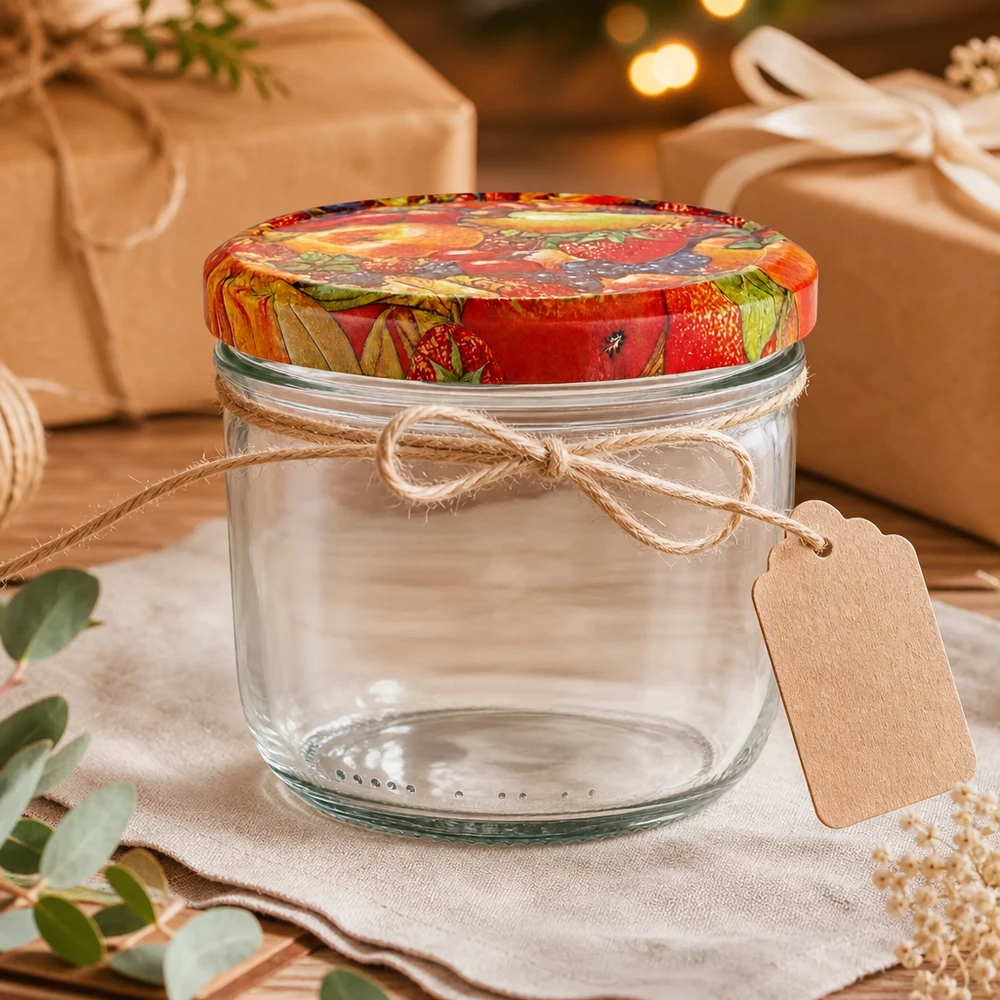 230ml kelímky + víčko BasicSeal s ovocným dekorem UNiTWIST. 230ml Sturzglas mit BasicSeal Obstdekor-Deckel als Geschenk dekoriert mit Schleife und Anhänger