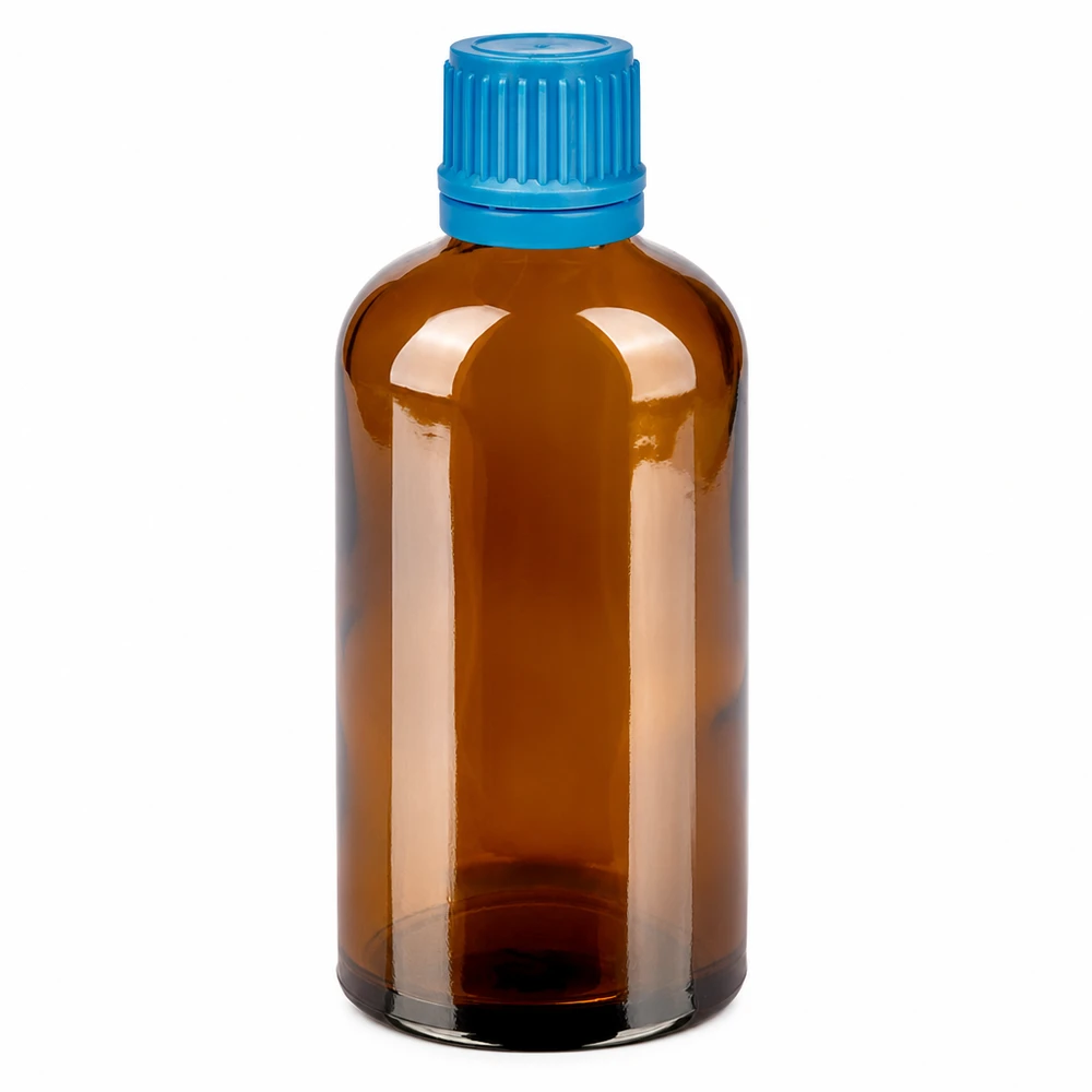 100ml lahvička 11mm šroubovací uzávěr modrý tamper evidentní uzávěr BrownLine UT18/100 Kompakte braune 100ml Flasche mit 11mm Gewinde perfekt für Tropfen und Tinkturen