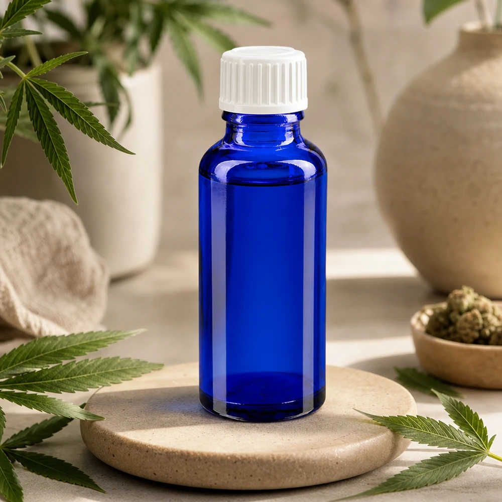 Lékárenská lahvička modrá 30ml šroubovací uzávěr bílý globule standardní Blaue Medizinflasche 30ml GLO Standard auf Steinuntersetzer mit botanischen Hanfblättern dekoriert