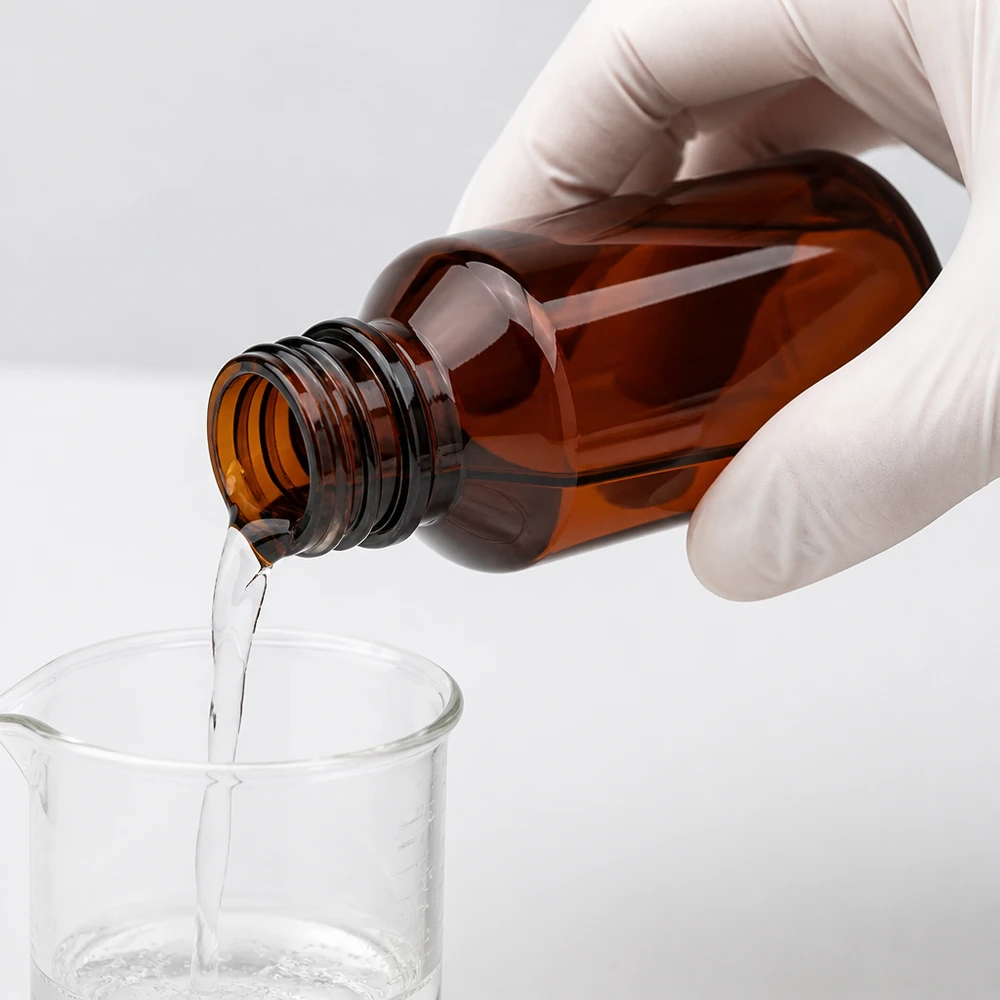 Čirá kapalina se nalévá z jantarově zbarvené 100ml PET láhve do laboratorní kádinky