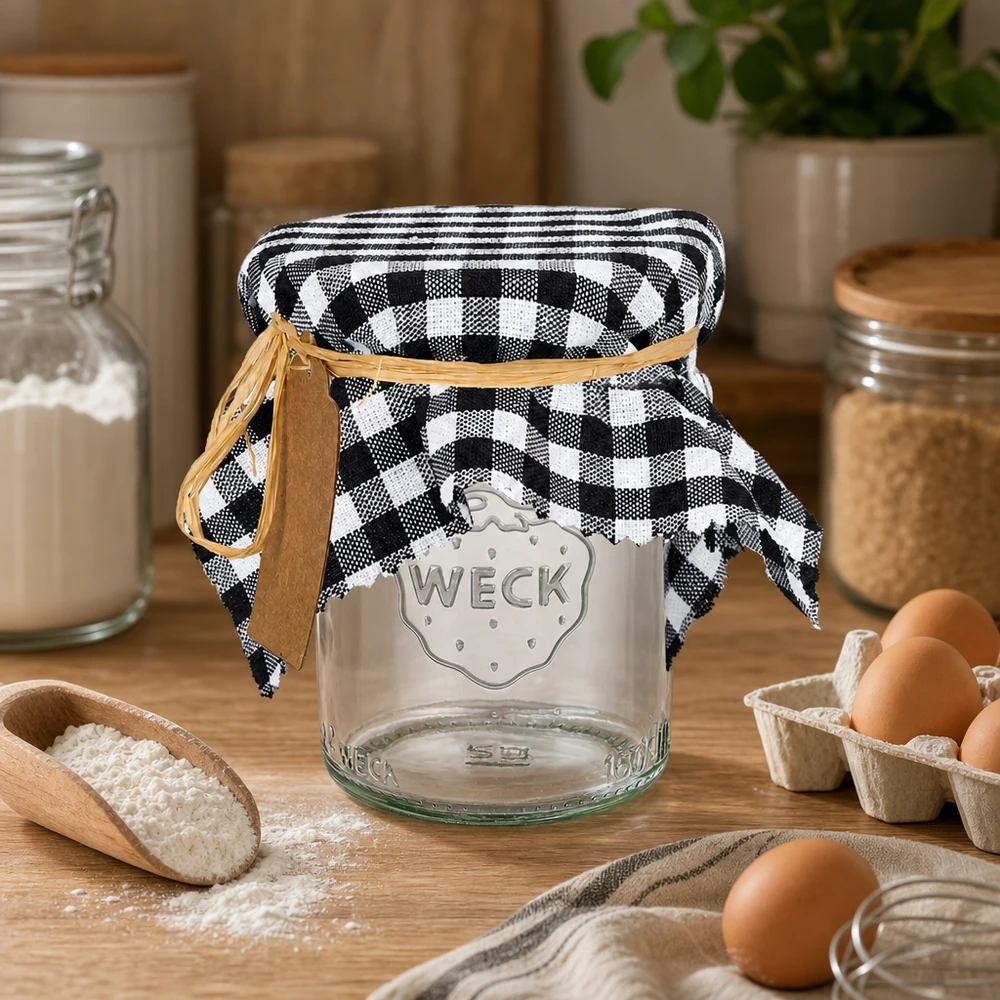 Látkový dekorační ubrousek s černým károvaným vzorem 15 cm čtvercový Schwarzkariertes Schmuckdeckchen mit Lederband auf WECK-Glas neben Eiern und Mehl in rustikaler Küche 15cm eckig