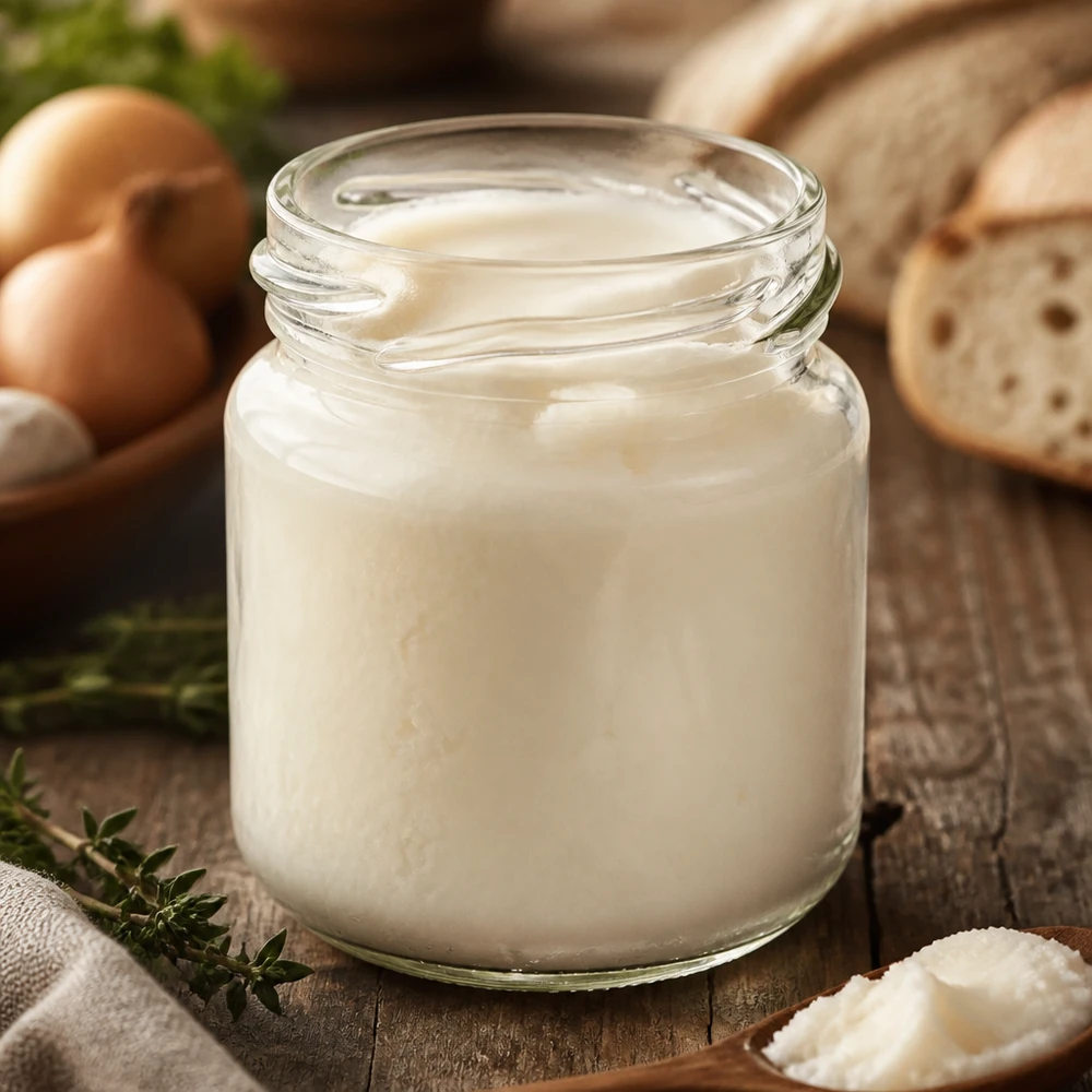Kulatá dóza bez víčka o objemu 53 ml (TO43) UNiTWIST UNiTWIST Runda53 – kulatá sklenice 53 ml, model TO43, naplněná bílou smetanou, na dřevěném stole s chlebem, cibulí a bylinkami