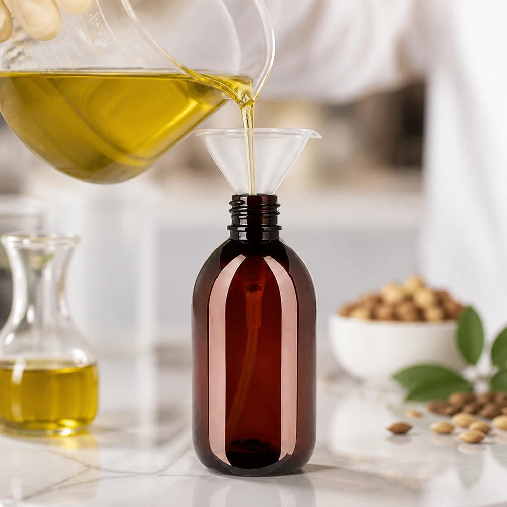 PET láhev 250ml s dávkovací pumpičkou bílá Umfüllen von Trägeröl in robuste 250ml PET Flasche bernsteinfarben mit weisser Dispenserpumpe