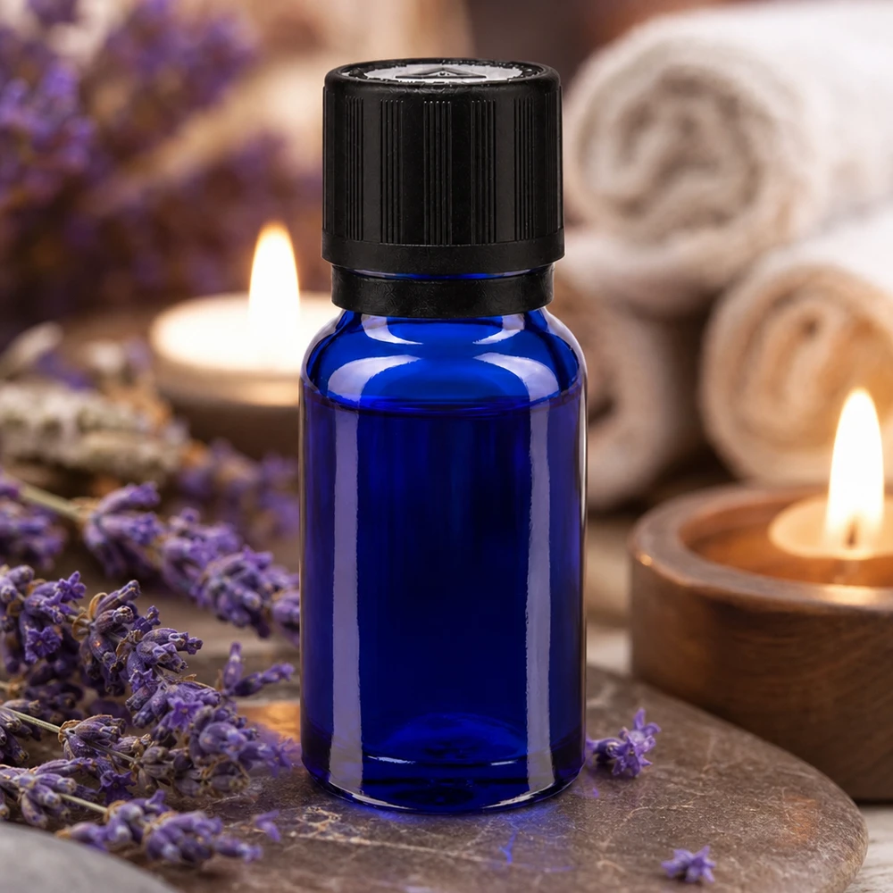 Lékárenská lahvička modrá 10ml kapací uzávěr nalévací kroužek 1mm černý dětský bezpečnostní zámek slepý výstražný symbol tamper evident uzá Blaue Glasflasche 10ml mit Kindersicherung für Lavendelöl und ätherische Öle im Wellnessbereich