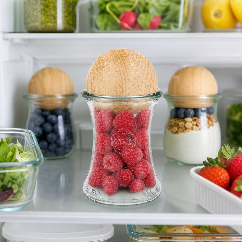 370ml sklenice na lahůdky WECK RR80 s dřevěnou kuličkou buk WECK Glas 370ml RR80 Holzkugel Buche Kühlschrank Himbeeren frische Beeren Vorratsglas Aufbewahrung
