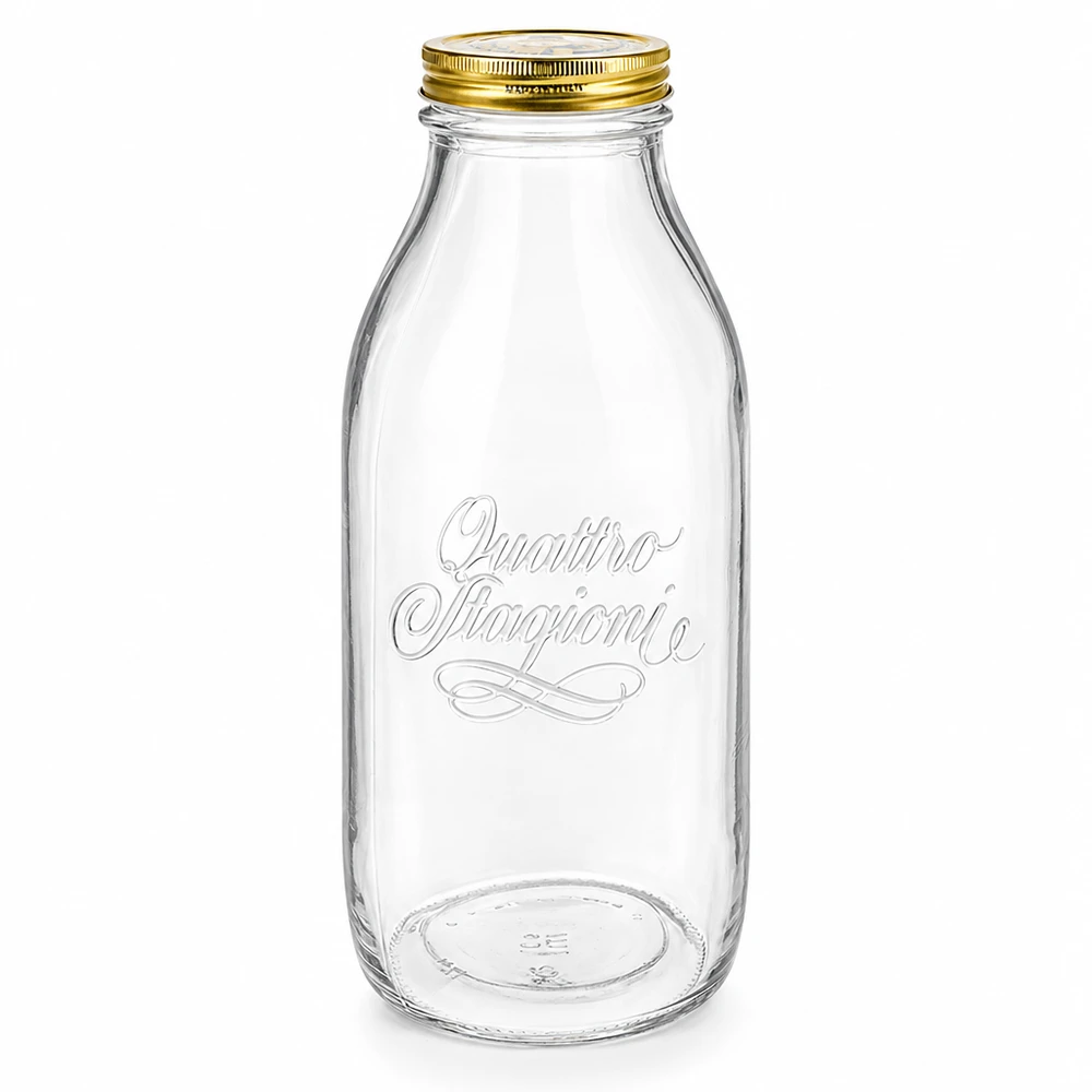 1000ml skleněná láhev "Quattro Stagioni" s víčkem 1000ml Glasflasche Quattro Stagioni mit goldenem Schraubdeckel, transparent mit eleganter Schrift, Milchflasche Design