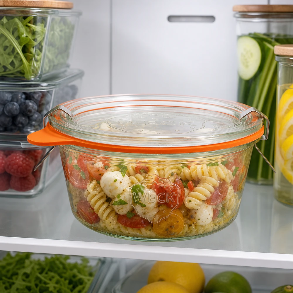 WECK Sturzglas 290ml RR100 mit Nudelsalat im Kühlschrank zeigt praktische Aufbewahrung von Speisen