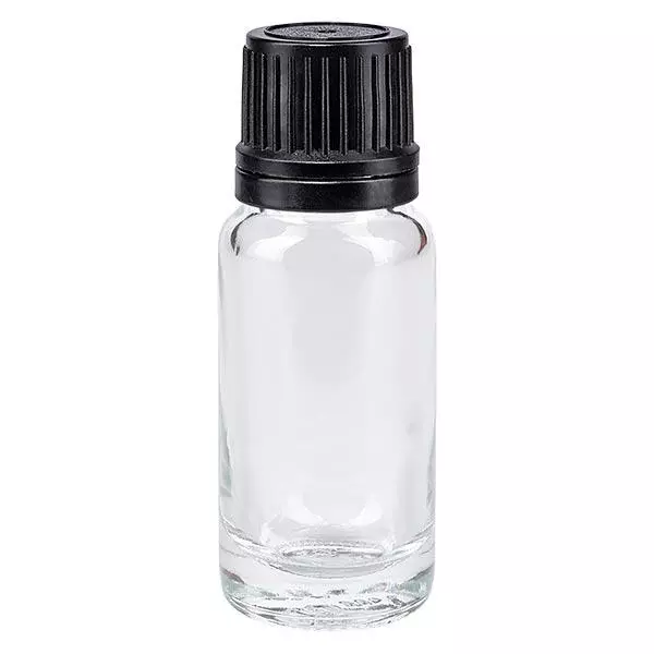 Lékárenská lahvička čirá 10ml kapací uzávěr nalévací kroužek 1mm černý tamper evidentní uzávěr