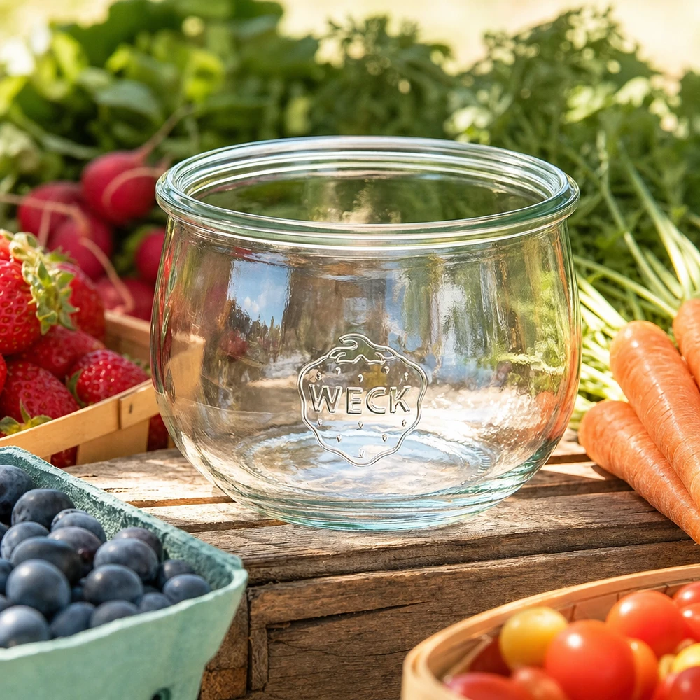 580ml tulipánová sklenice WECK RR100 s dřevěným dřevem - tulipánová sklenice s dřevem. WECK Tulpenglas 580ml RR100 Einmachglas aus Glas mit Logo umgeben von frischem Obst und Gemüse auf Holztisch