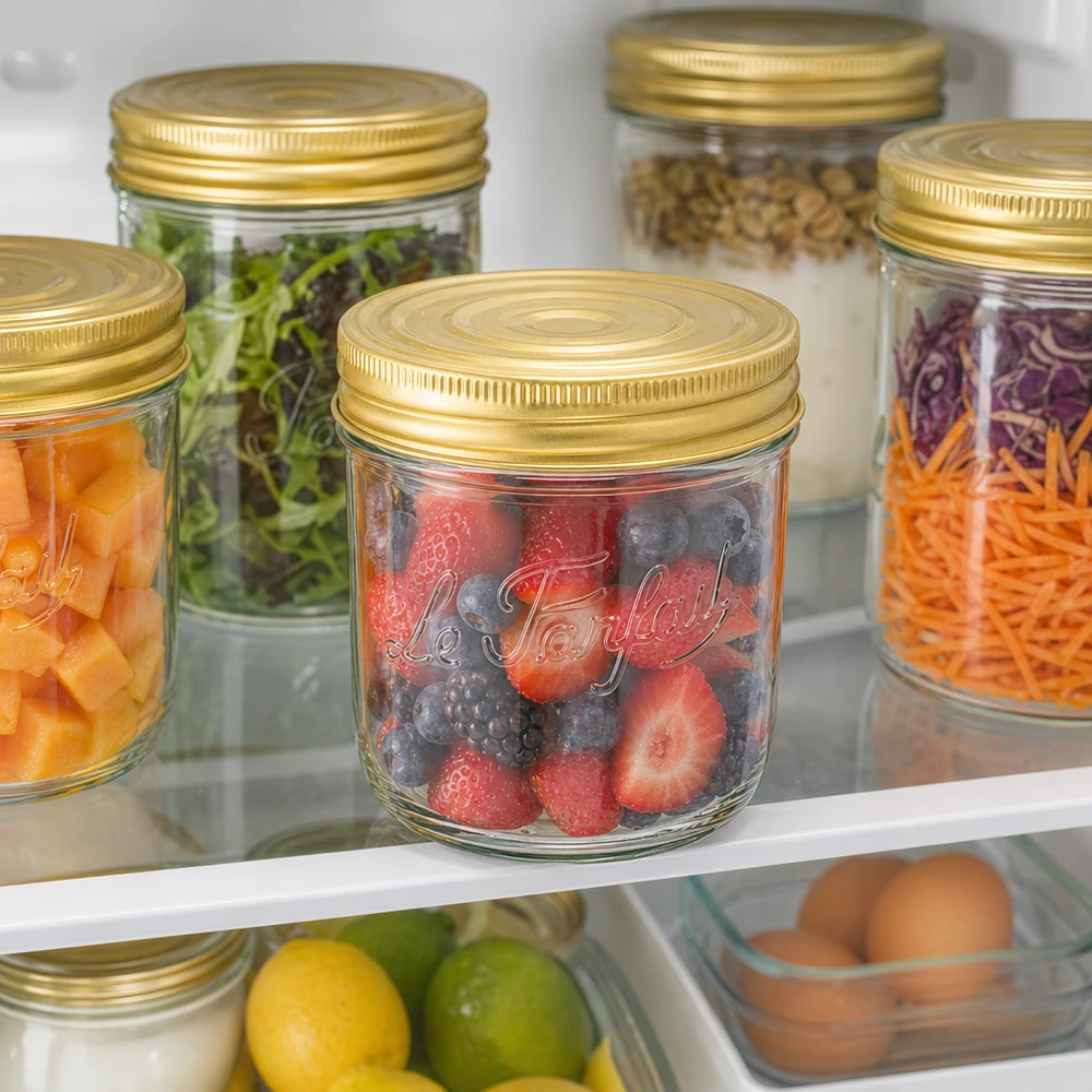 415ml Sturzglas "Familia Wiss" 2-teiliges Deckelsystem Le Pa 415ml Sturzglas Familia Wiss mit goldenem Deckel gefüllt mit Beeren im Kühlschrank neben anderen Vorratsgläsern