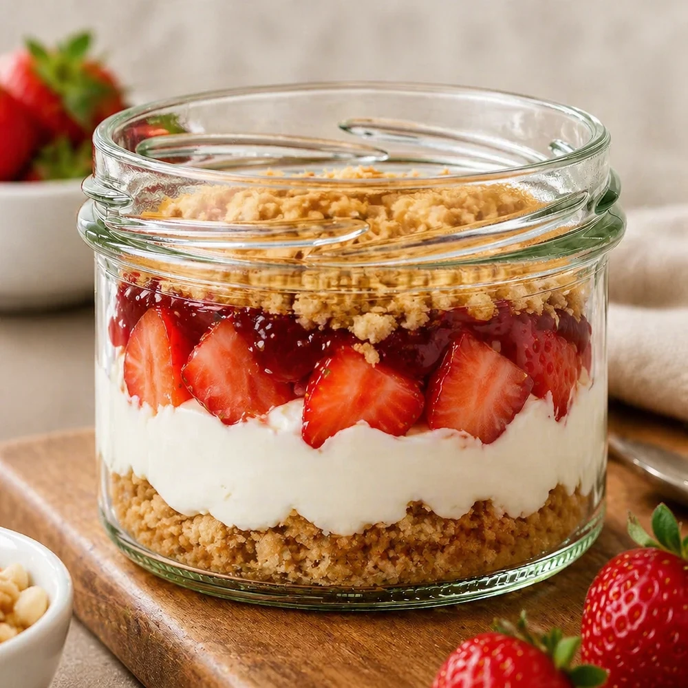 Tumbler 225ml bez víčka (TO82) UNiTWIST UNiTWIST Sturz225 Sturzglas 225ml TO82 mit Erdbeer-Dessert Schichtdessert Joghurt Keksboden im Glas