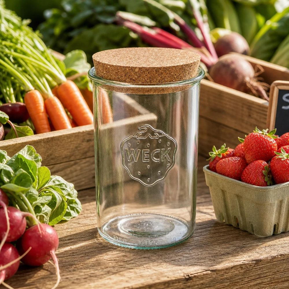 WECK Sturzglas 1000ml RR100 mit Korken zwischen frischem Gemüse und Erdbeeren natürliche Küchenszene Vorratsglas
