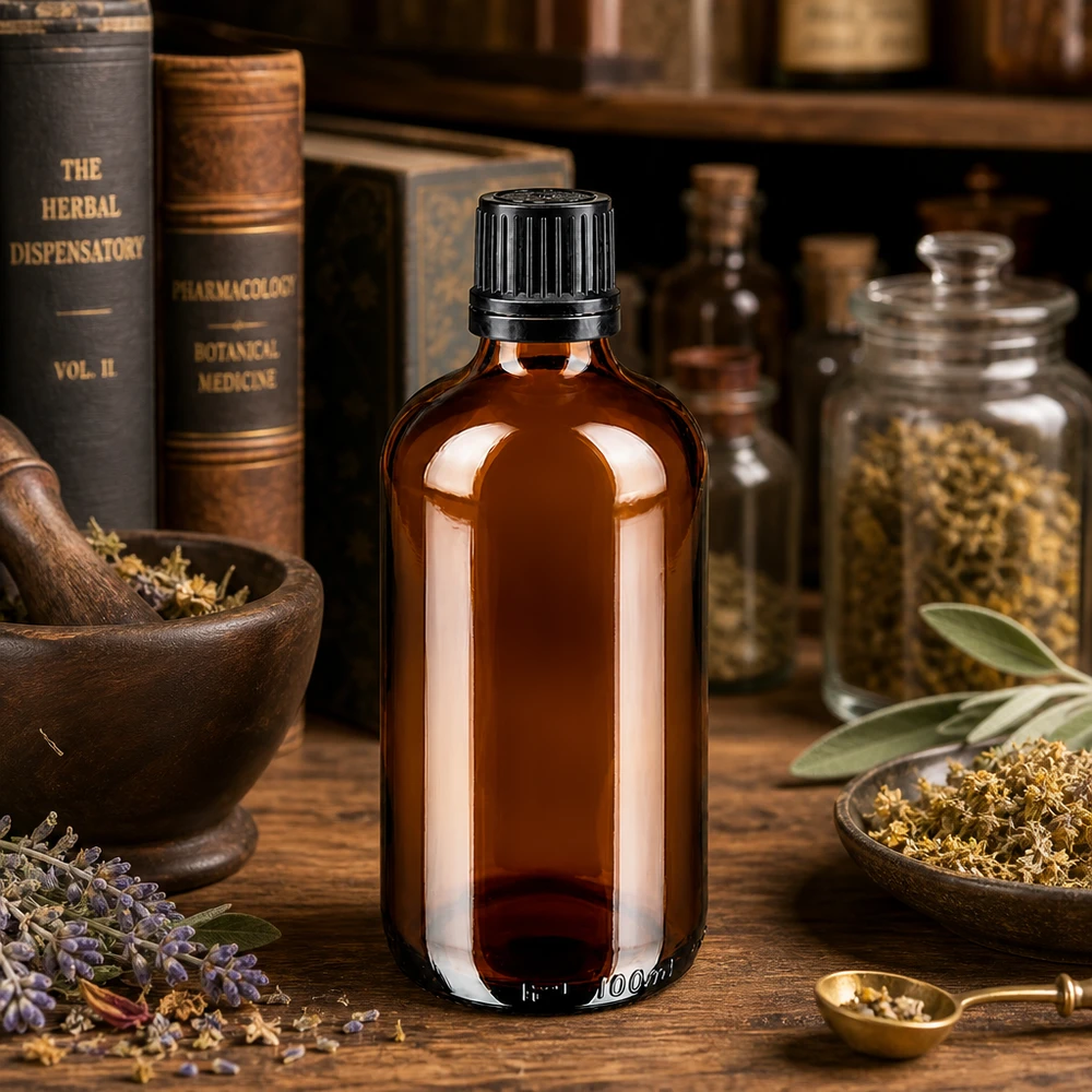 100ml GR-Braunglasflasche mit gerilltem OV-Deckel umgeben von Lavendel Salbei und Trockenblüten