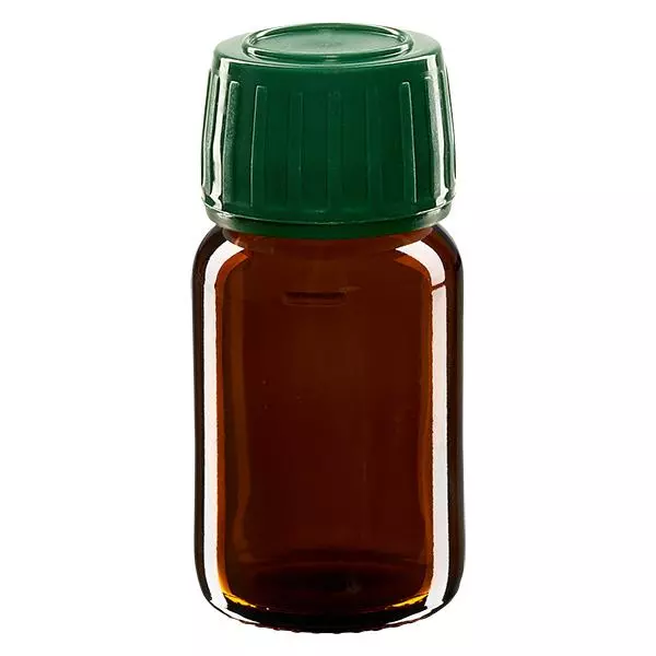30ml lahvička na léky hnědá, uzávěr zelený s tamper-evidentním kroužkem ApoGlas 30ml lahvička na léky hnědá, uzávěr zelený s tamper-evidentním kroužkem ApoGlas