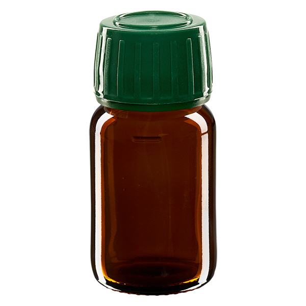30ml lahvička na léky hnědá, uzávěr zelený s tamper-evidentním kroužkem ApoGlas 30ml lahvička na léky hnědá, uzávěr zelený s tamper-evidentním kroužkem ApoGlas