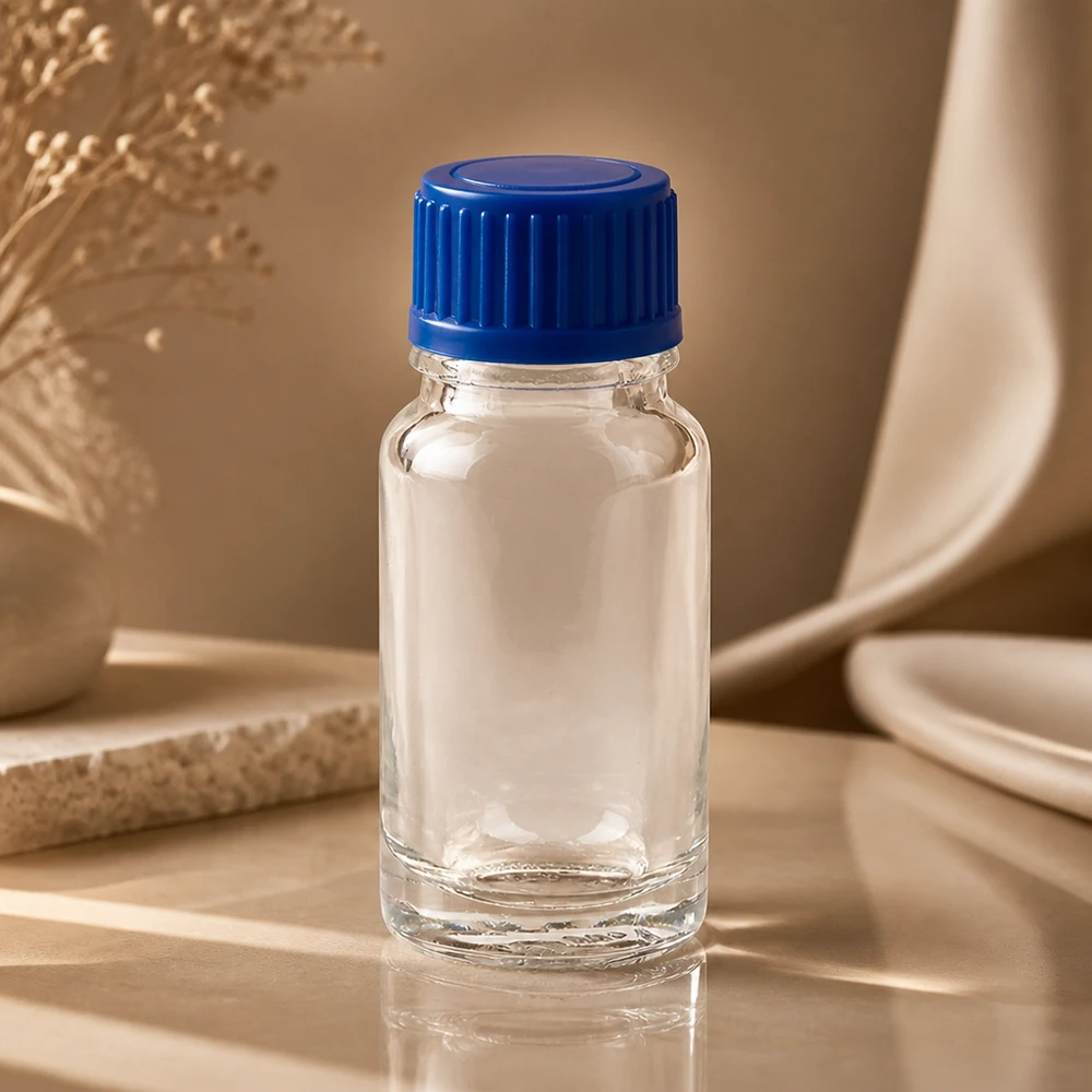 Kompakte 10ml ClearLine Flasche UT18/10 mit blauem STD Schraubdeckel 11mm auf hellem Untergrund