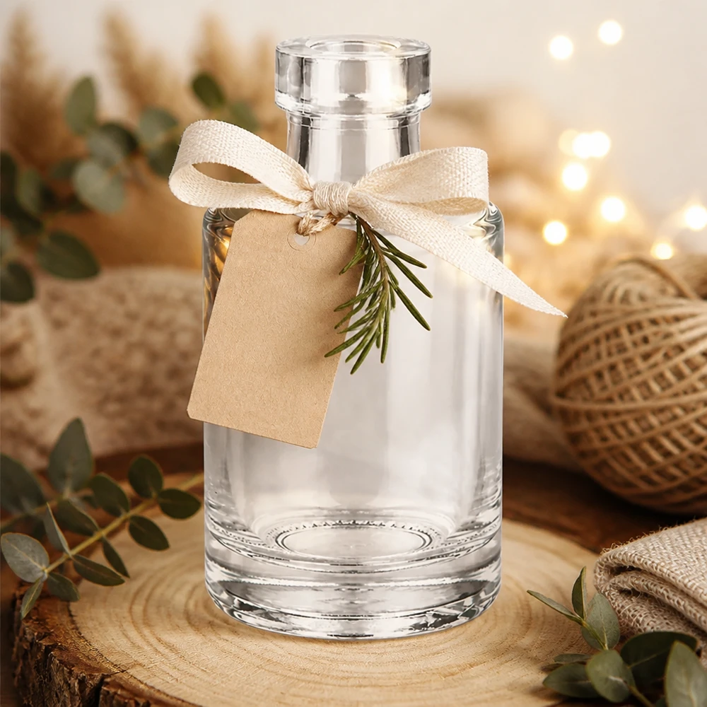 100ml Glasflasche "Marie" ohne Verschluss UNiTWIST 100ml Glasflasche Marie dekorativ mit Geschenkband Anhänger und Rosmarin in gemütlicher Ambiente mit Lichterketten
