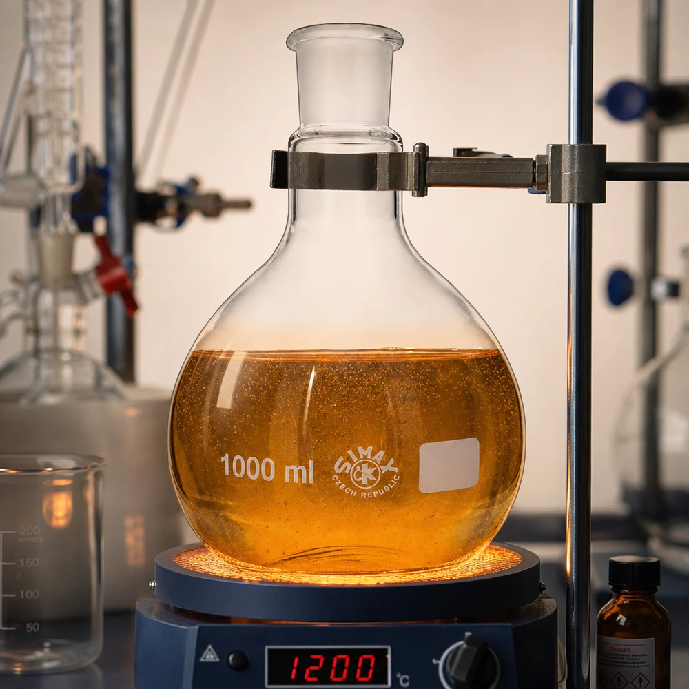 Baňka 1000ml se standardním broušeným spojem (29/32) Laborstehkolben 1000ml mit warmem Reaktionsgemisch und stabilem Metallhalterungssystem