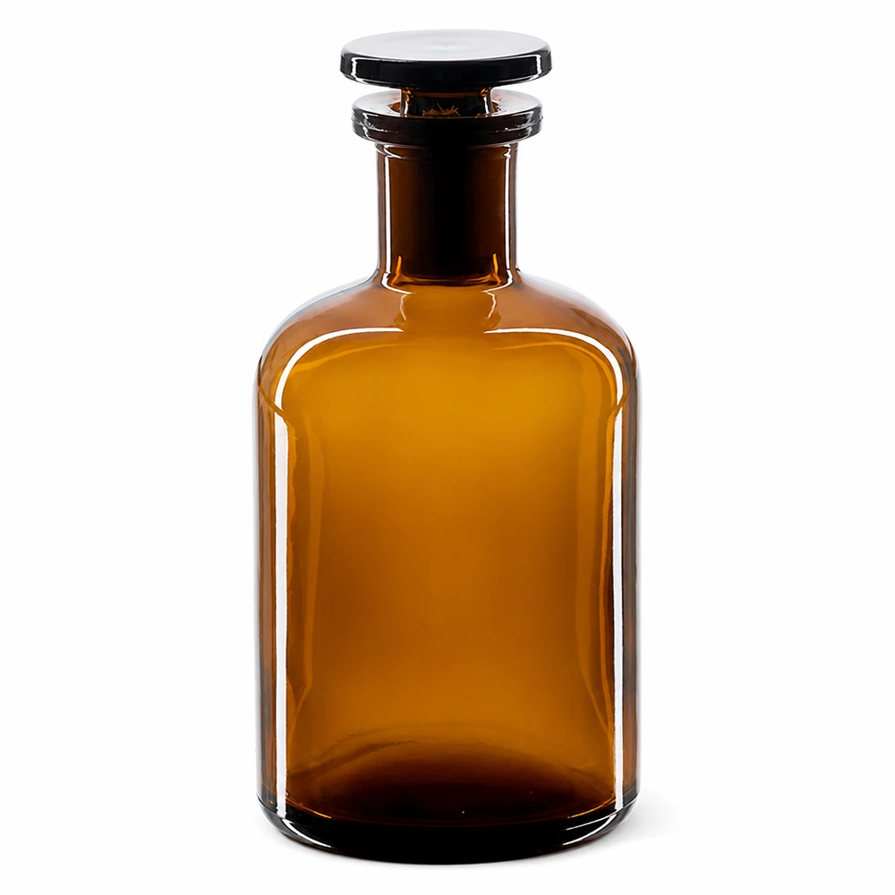 Láhev s kulatým ramenem 100ml hnědá s úzkým hrdlem skleněná zátka Amber Rundschulterflasche Enghals 100ml braungebläut mit transparentem Glasstopfen