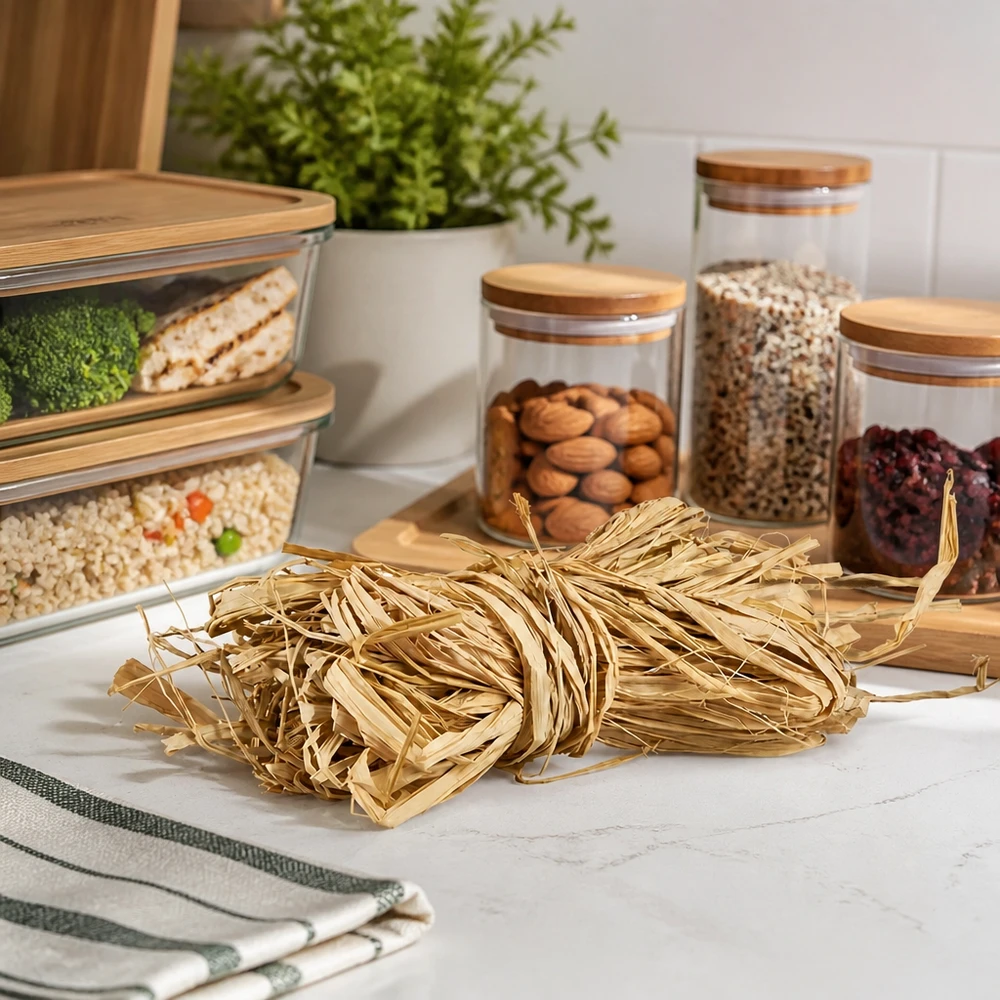 Přírodní rafie na zdobení 30g Naturbast 30g goldbeige auf Küchenarbeitsplatte mit Vorratsgläsern zeigt praktische Küchenorganisation und Dekoideen