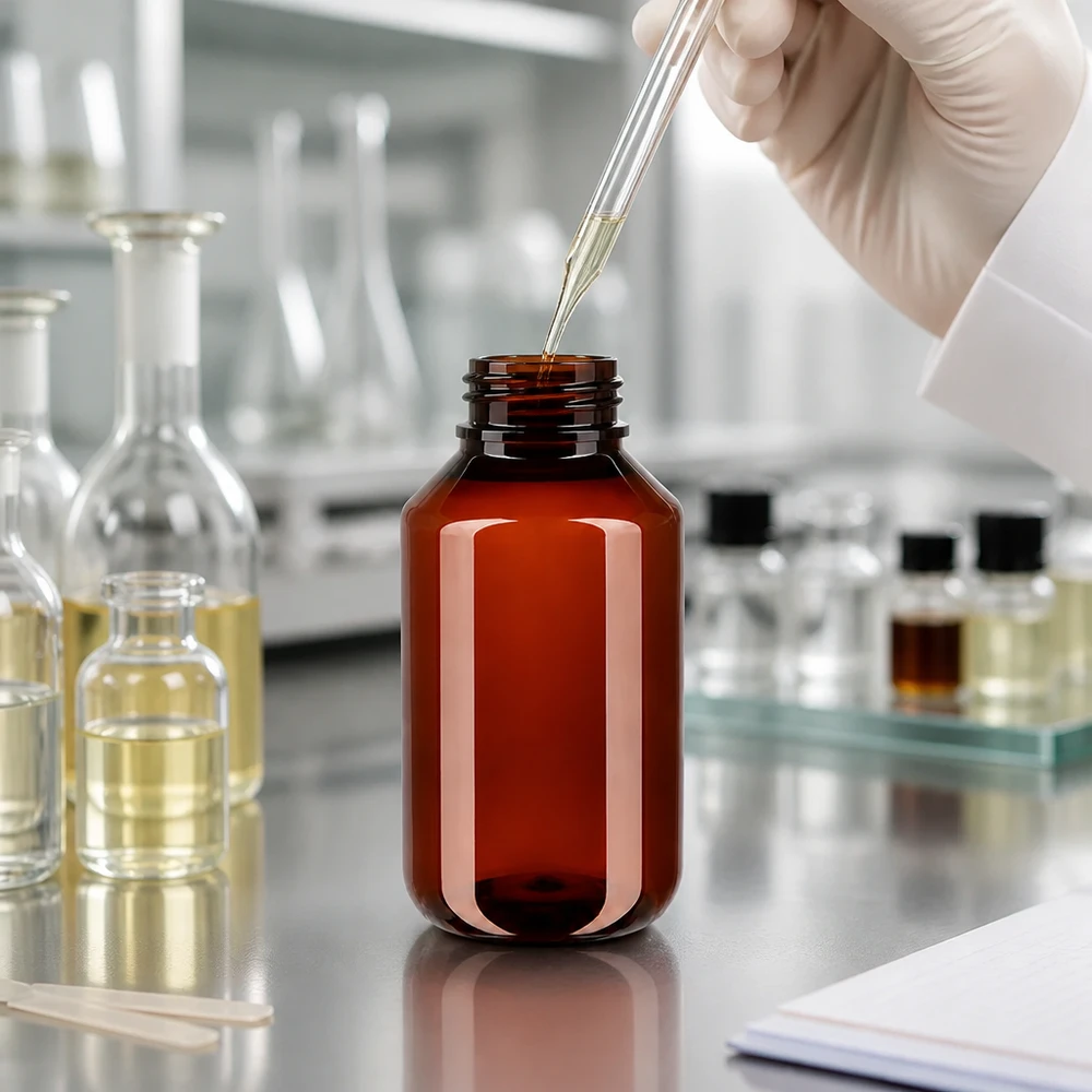 PET láhev 50ml s bílým rýhovaným uzávěrem s možností opakovaného uzavření Laboratorní scéna s hnědou PET lahvičkou o objemu 50 ml a pipetou při přesném plnění kapalinou