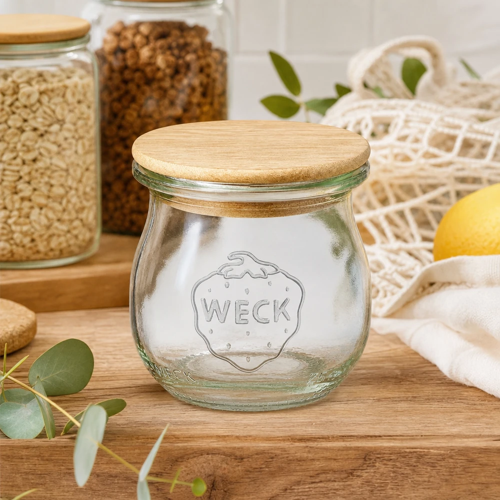 75ml tulipánová sklenice WECK RR40 s dřevěným víčkem WECK Tulpenglas 75ml RR40 leer mit Holzdeckel in nachhaltiger Küche zwischen Vorratsgläsern und Einkaufsnetzen