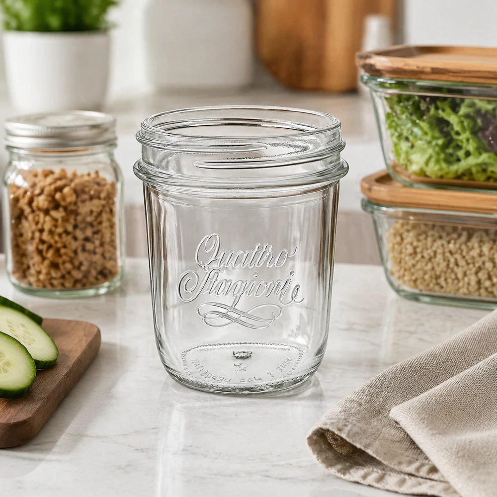 Quattro Stagioni Sturzglas 320ml auf Küchentheke mit Lebensmitteln - elegantes Einmachglas für Vorratshaltung