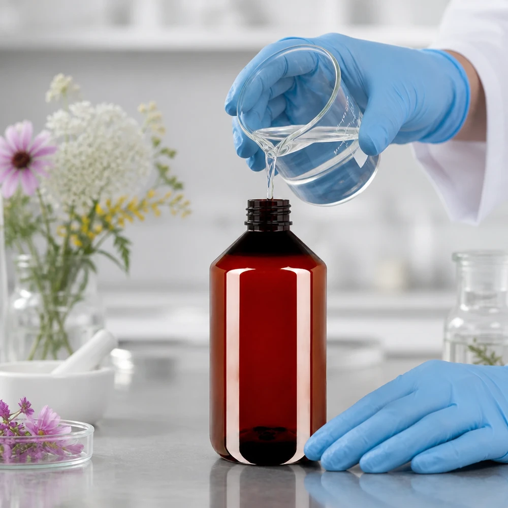 Hnědá PET láhev o objemu 750 ml s bílým rýhovaným uzávěrem typu OV pro tekutiny