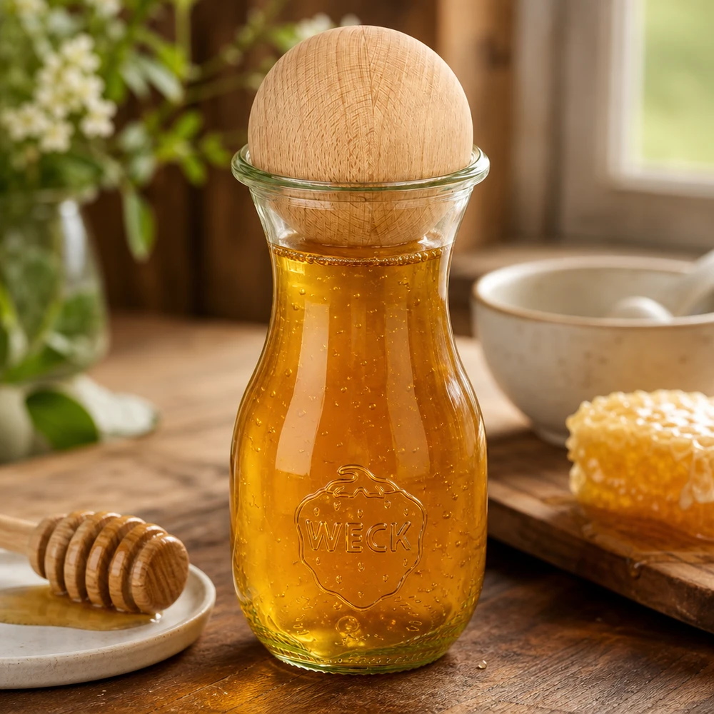 290ml láhev na džus WECK RR60 s dřevěnou kuličkou buk WECK Saftflasche 290ml mit Honig gefüllt und Buche-Holzkugel, dekoriert mit Honigwabe und Honiglöffel