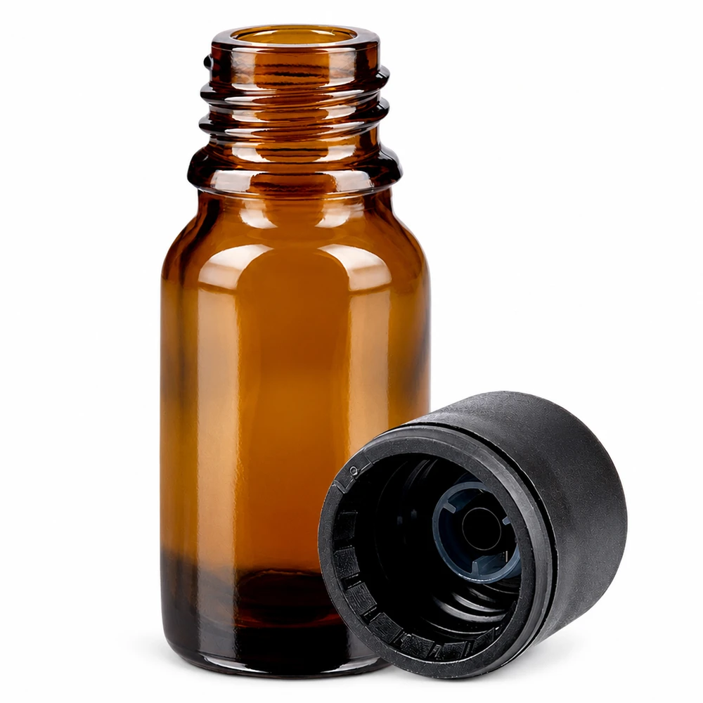 10ml láhev 6mm šroubovací uzávěr černá Standard BrownLine UT18/10 10ml Apothekerflasche aus UV-beständigem Braunglas mit schwarzem Originalitätsverschluss