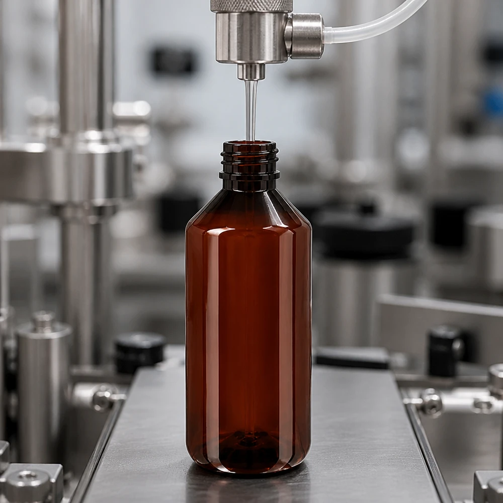 PET láhev 1000ml se zeleným uzávěrem, který je odolný proti manipulaci. Automatická plnicí linka plní hnědou PET láhev o objemu 1000 ml se zeleným originálním uzávěrem