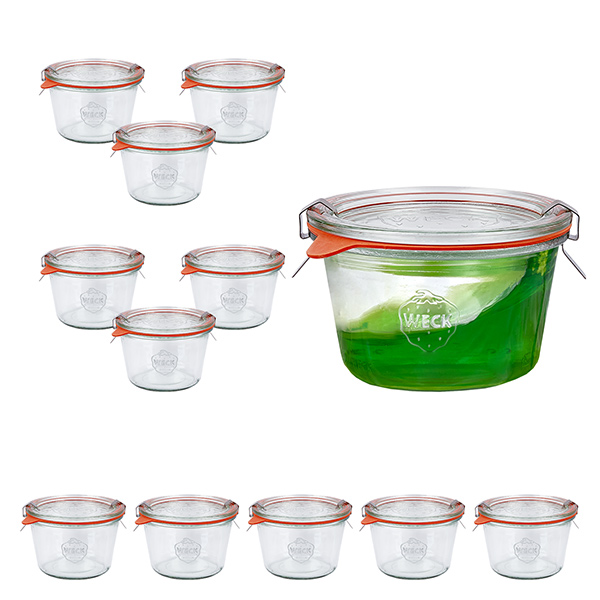 Sada 12 sklenic Weck o objemu 370 ml s 12 skleněnými víčky, 1 ks. Sada 12 sklenic Weck o objemu 370 ml s 12 skleněnými víčky, 1 ks.