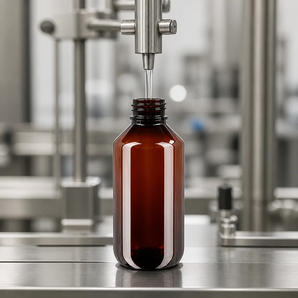 PET láhev 200ml se standardním bílým uzávěrem s pojistkou proti manipulaci Automatické plnění hnědé PET láhve o objemu 200 ml s bílým vnějším obalem ve výrobním zařízení