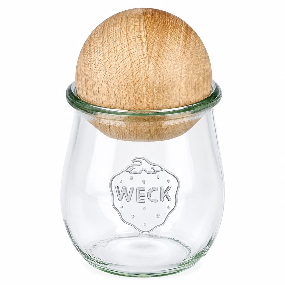 220ml tulipánová sklenice WECK RR60 s dřevěnou kuličkou buk WECK Tulpenglas 220ml RR60 mit natürlicher Buchenkugel als Deckel, klares Einmachglas mit Holzverschluss