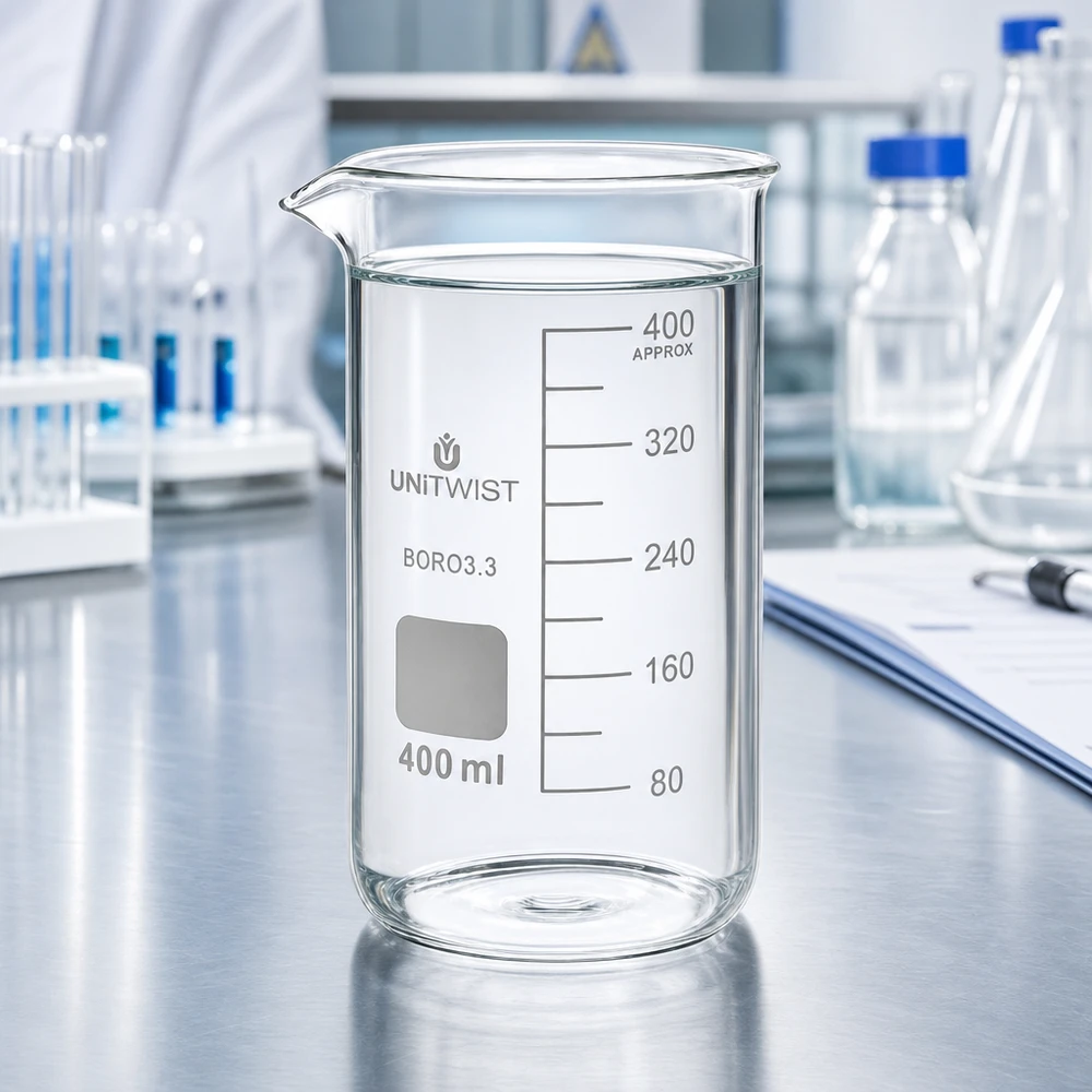 Kádinka 400 ml borosilikátová, vysoká forma UNiTWIST Laborglas 400ml hohe Form UNITWIST Borosilikat 3.3 mit Skalierung und weißem Hintergrund