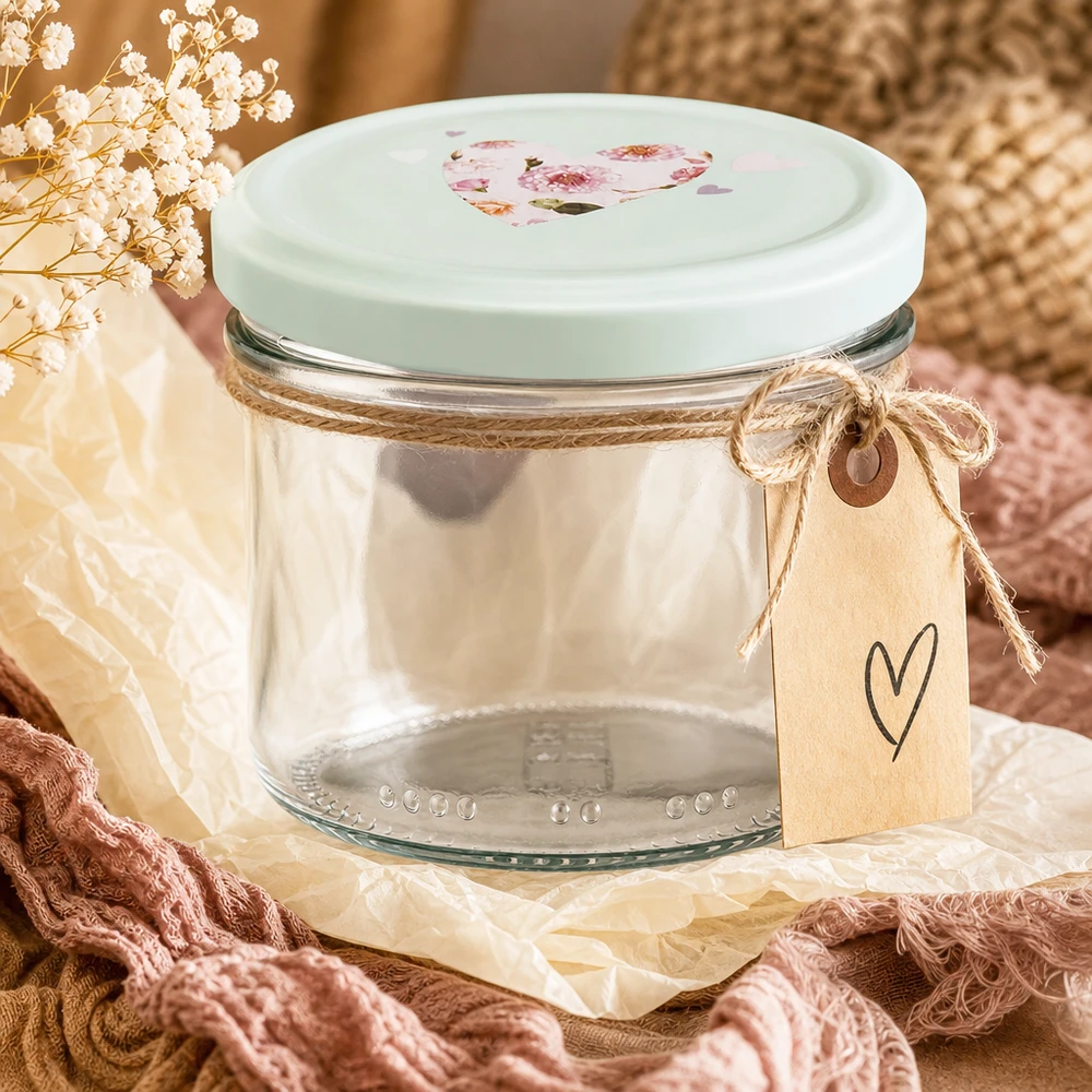 230ml cylindrická sklenice + víčko BasicSeal srdíčková máta 230ml Zylinderglas mit mint Herzdeckel romantisch dekoriert mit Juteband Geschenkanhänger und Trockenblumen