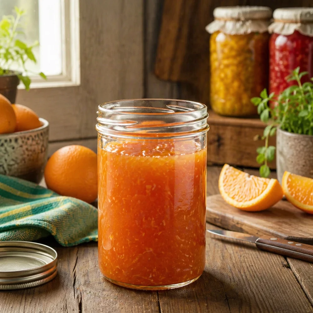 Tumbler o objemu 435 ml bez víčka (TO82) UNiTWIST UNiTWIST Sturz435 Einmachglas 435ml gefüllt mit hausgemachter Orangenmarmelade in rustikaler Küche mit frischen Orangen