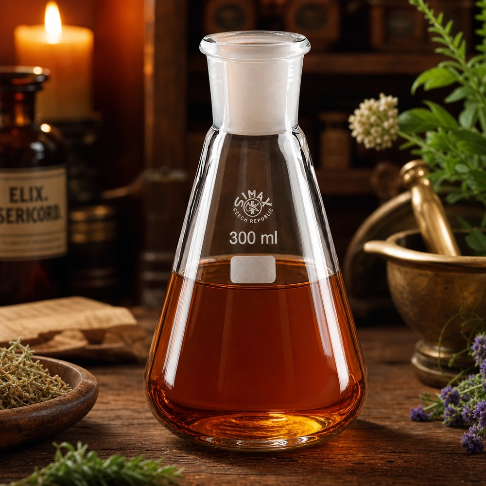 Erlenmeyerova baňka 300ml se standardním broušeným spojem (29/32) Erlenmeyerkolben 300ml professionelle Laborausstattung mit Schliff 29/32 in traditioneller Arbeitsumgebung