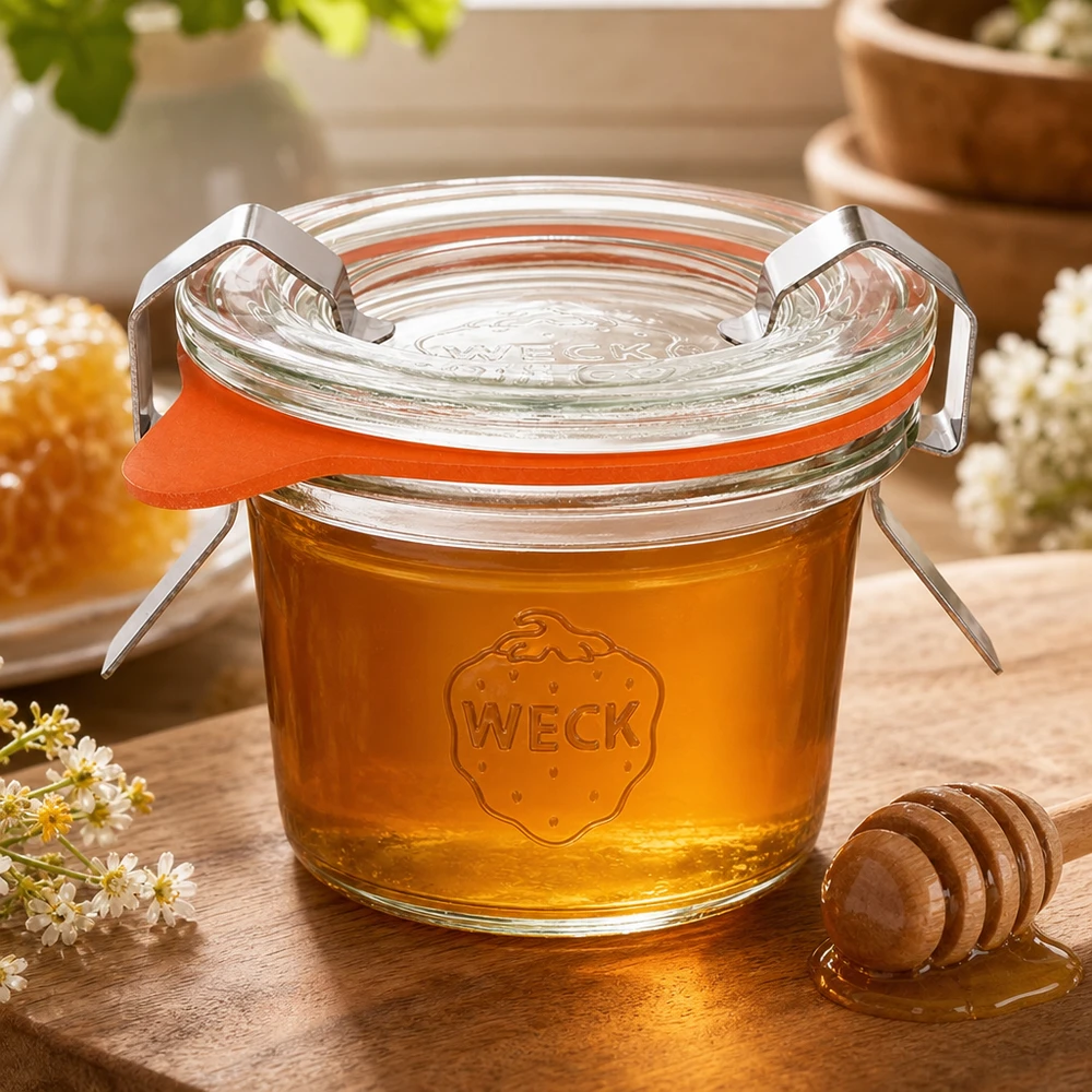 35ml kelímky kompletní WECK RR40 WECK Sturzglas 35ml RR40 mit goldenem Honig gefüllt neben Honiglöffel und Waben zeigt natürliche Lagerung