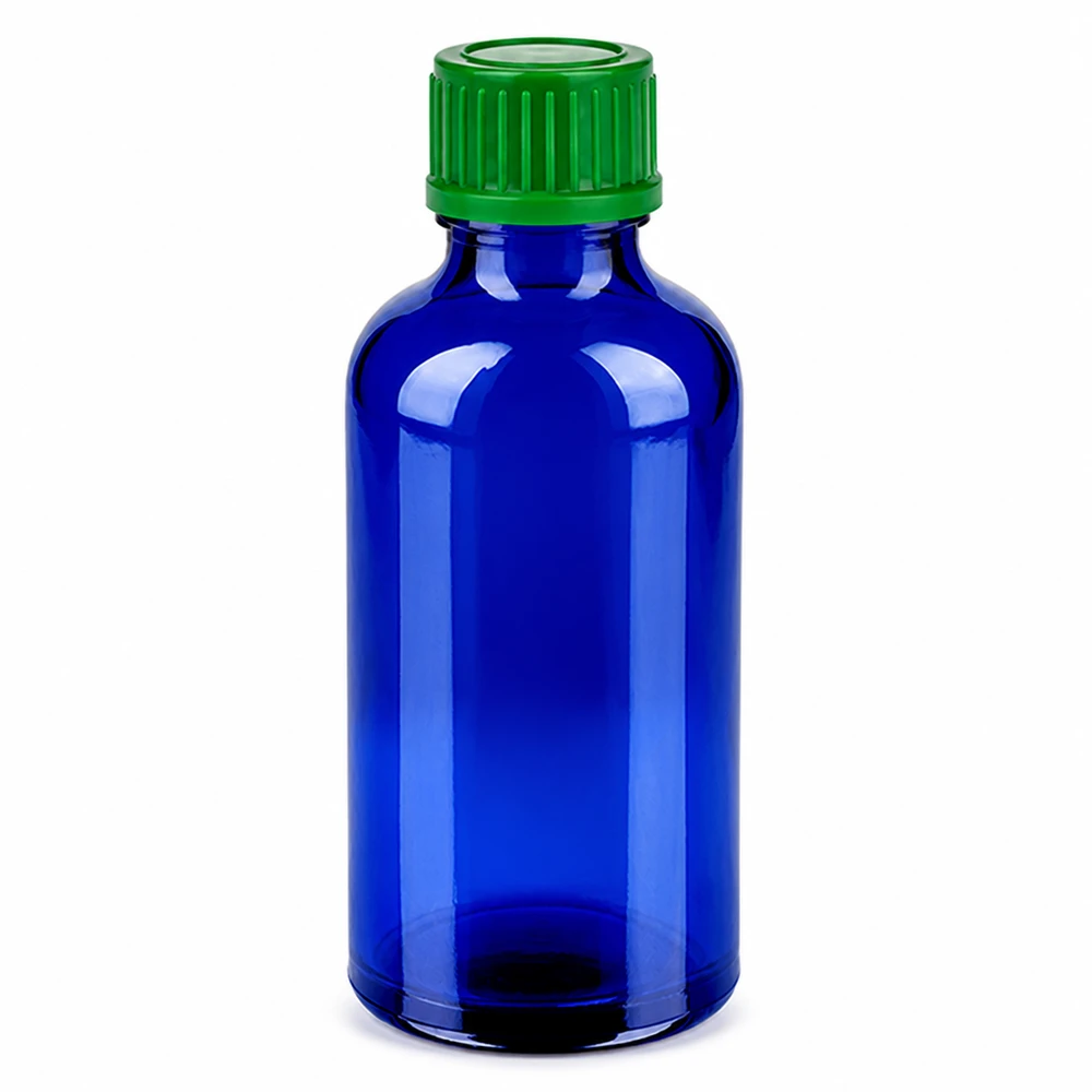50ml láhev 11mm šroubovací uzávěr zelená Standard BlueLine UT18/50 Hochwertige 50ml Glasflasche in Blau mit grünem 11mm Gewinde für präzise Dosierung