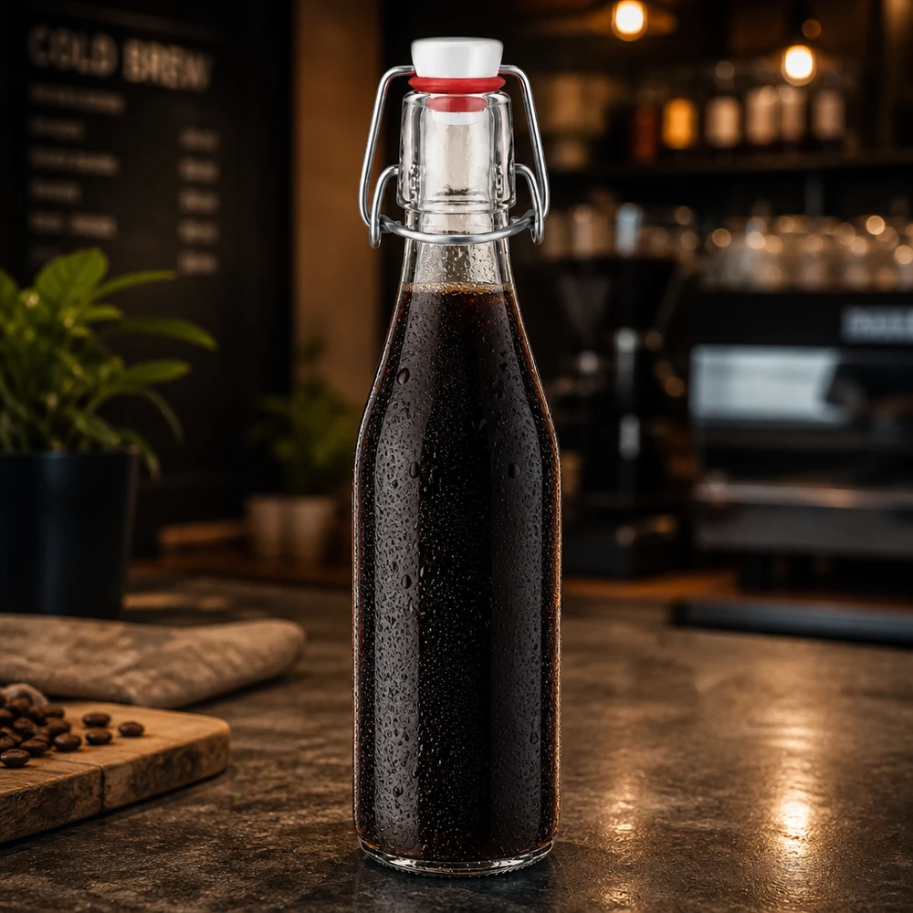 250ml skleněná láhev + výkyvný vršek PVC UNiTWIST 250ml Glasflasche mit dunklem Getränk gefüllt, Bügelverschluss PVC UNiTWIST, stilvolle Küchendeko auf Holztisch