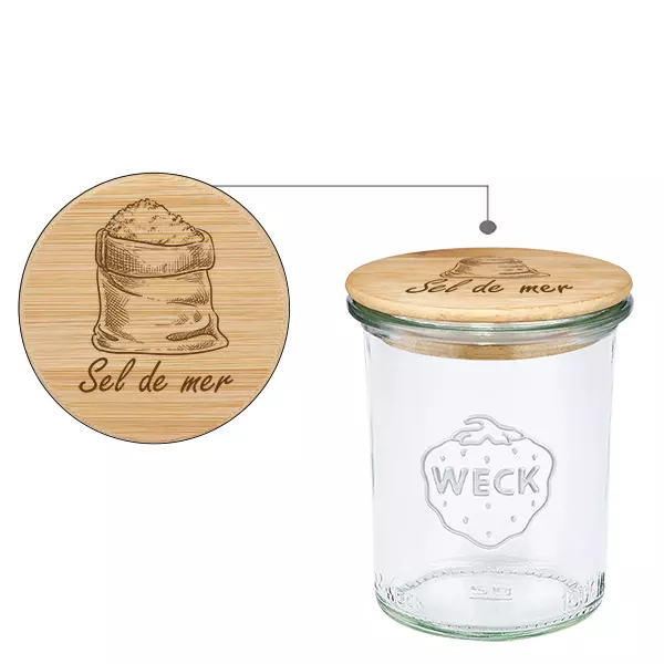 Couvercle en bois "Sel de mer" avec WECK verre plongeant 160ml Couvercle en bois "Sel de mer" avec WECK verre plongeant 160ml