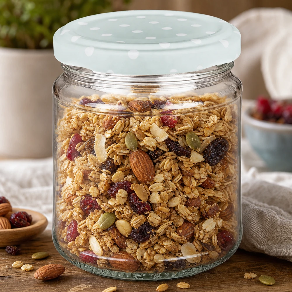 212ml kulatá sklenice + víčko BasicSeal tečky mátové UNiTWIST 212ml Rundglas mit Müsli gefüllt, mint BasicSeal Deckel Punkte, Vorratsglas für Granola mit Nüssen und Trockenfrüchten